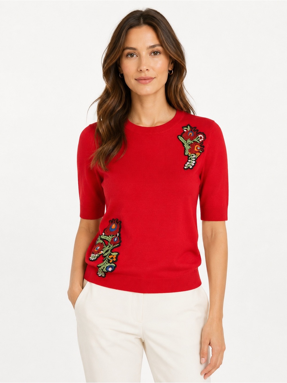 🌺 Carmen Marc Valvo Ashton Patch Red Embroidered Sweater